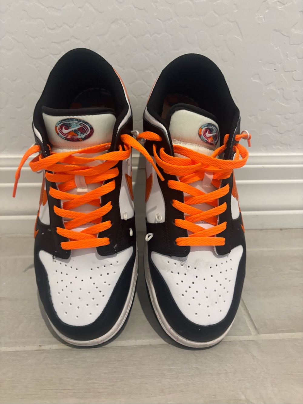 Nike Black White Sneakers with Bright Orange Laces